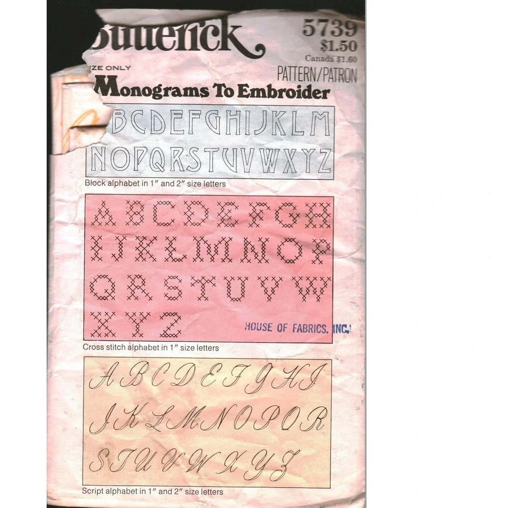 Vintage Butterick 5739 Monograms To Embroider Pattern Block Script Cross Stitch
